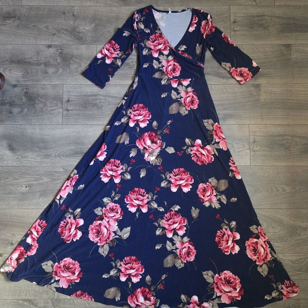 Mother Bee Maternity Floral Maxi Dress Navy Pink V-Neck 3/4 Sleeve Size Small